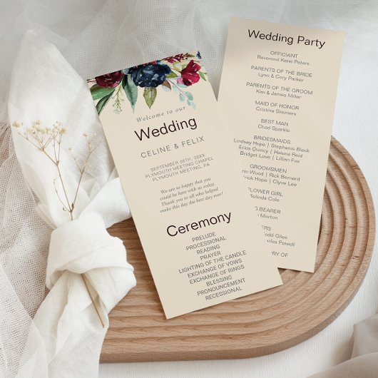 Programme de mariage floral Blush de la marine de