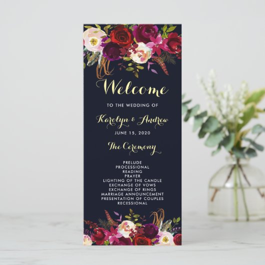 Programme de mariage floral boho bordeaux marine (Debout devant)