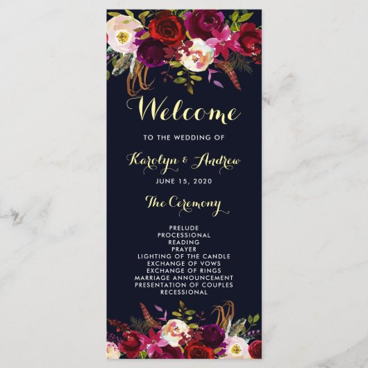 Programme de mariage floral boho bordeaux marine (Devant)