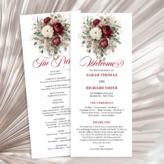 Programme de mariage floral bordeaux Bohemian Blus