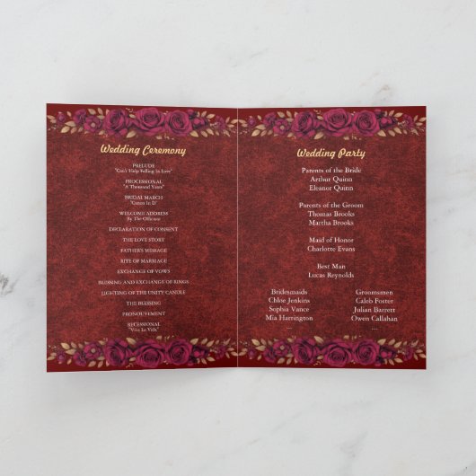 Programme de mariage floral bordeaux et or de luxe (Intérieur)