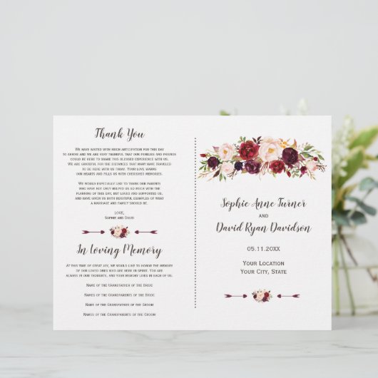 Programme de mariage floral bordeaux Marsala Blush (Debout devant)
