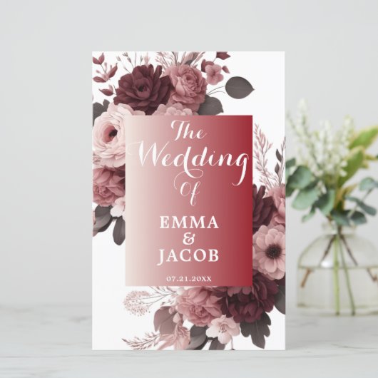 Programme de mariage floral bordeaux rose pâle élé (Debout devant)