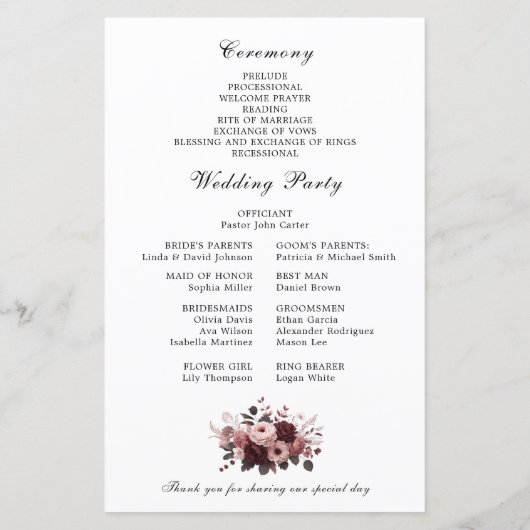Programme de mariage floral bordeaux rose pâle élé (Dos)
