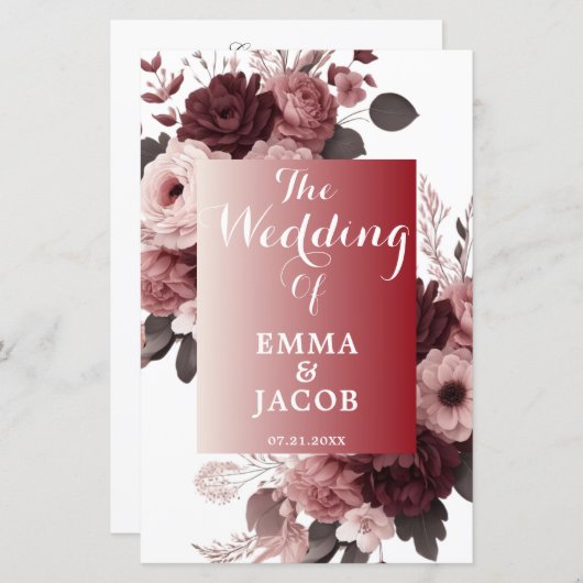 Programme de mariage floral bordeaux rose pâle élé (Devant / Derrière)