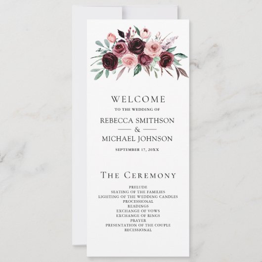 Programme de mariage floral bordeaux rose poussiér (Devant)