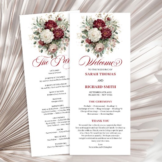 Programme de mariage floral bordeaux rouge profond