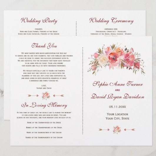 Programme de mariage floral Bourguignon Marsala à  (Devant / Derrière)