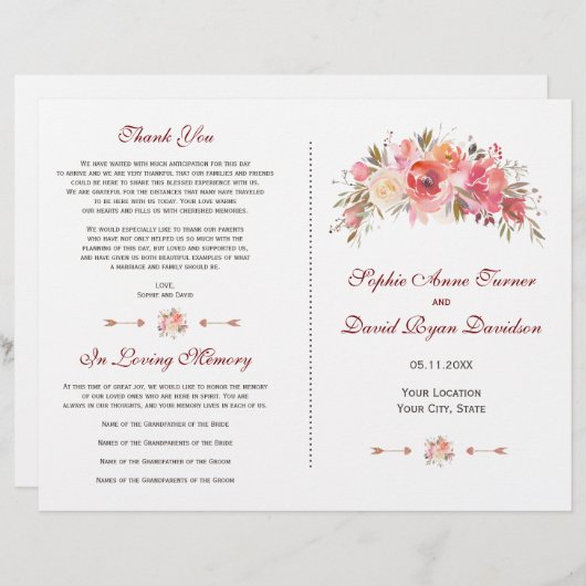 Programme de mariage floral Bourguignon Marsala et (Devant / Derrière)