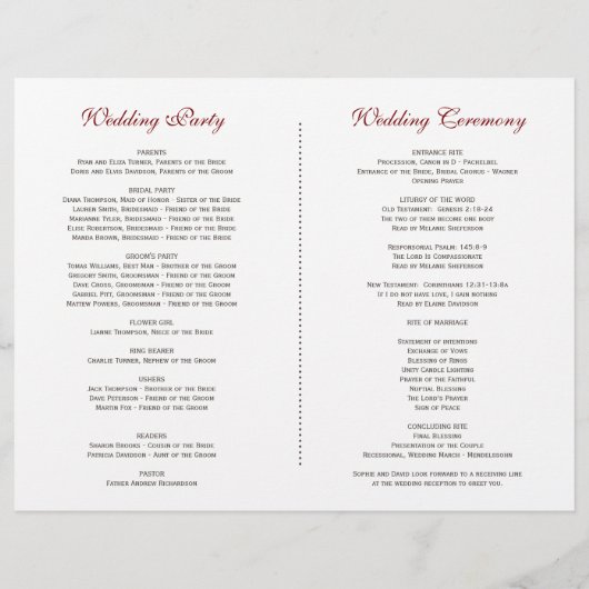 Programme de mariage floral Bourguogne Marsala et  (Dos)