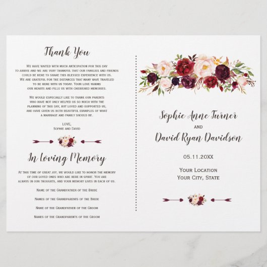 Programme de mariage floral Burgundy Marsala Blush (Devant)
