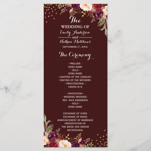 Programme de mariage floral confetti or Bourgogne (Devant)