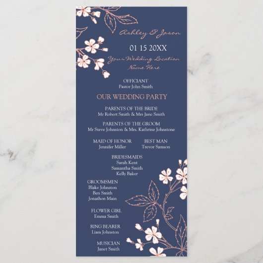 Programme de mariage floral corail bleu (Dos)