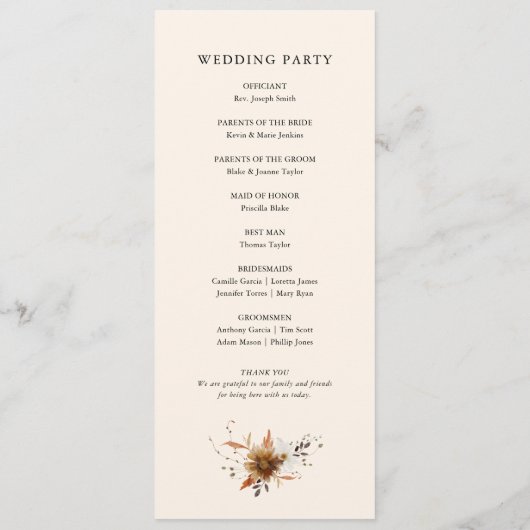 Programme de mariage floral d'automne (Dos)