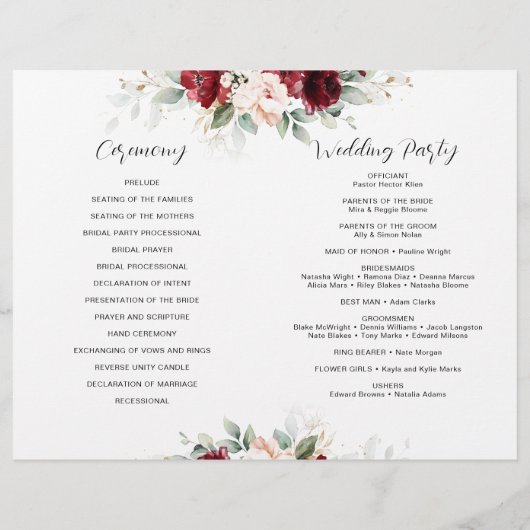 Programme de mariage floral de Bourgogne et de ros (Dos)