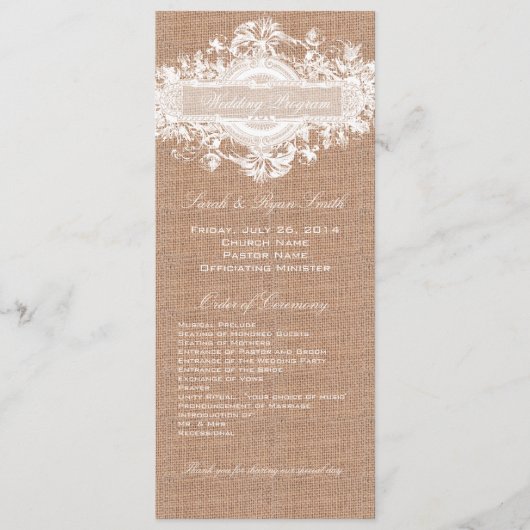 PROGRAMME DE MARIAGE FLORAL DE BURLAP RUSTIQUE (Devant)