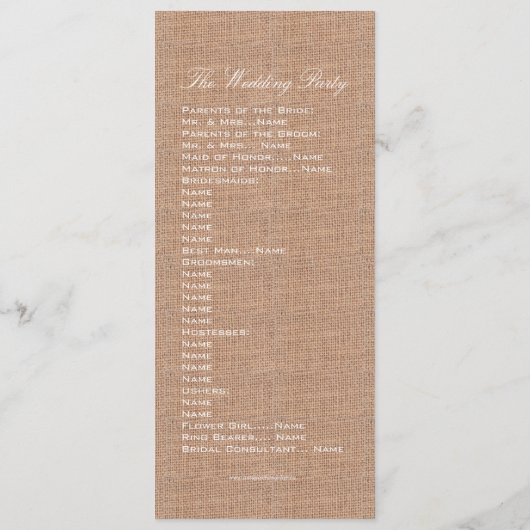 PROGRAMME DE MARIAGE FLORAL DE BURLAP RUSTIQUE (Dos)