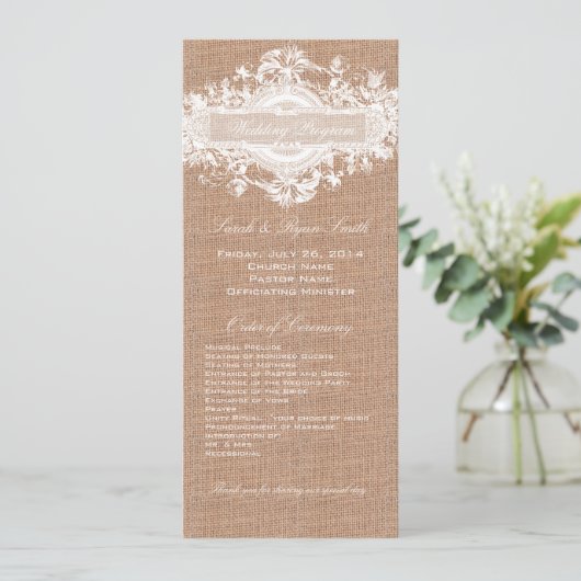 PROGRAMME DE MARIAGE FLORAL DE BURLAP RUSTIQUE (Debout devant)