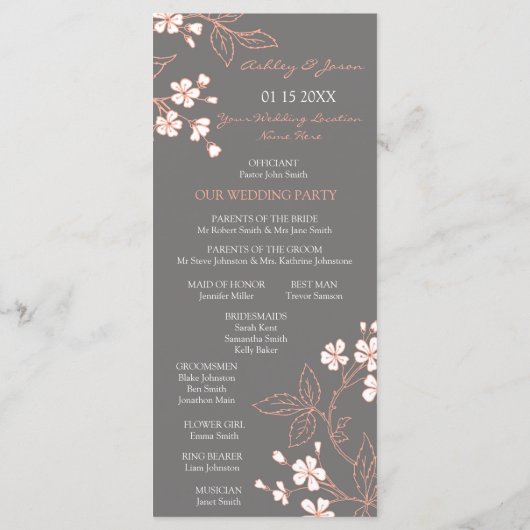 Programme de mariage floral de corail gris (Dos)