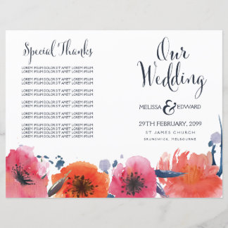 Programme de mariage floral de l'aquarelle de la M