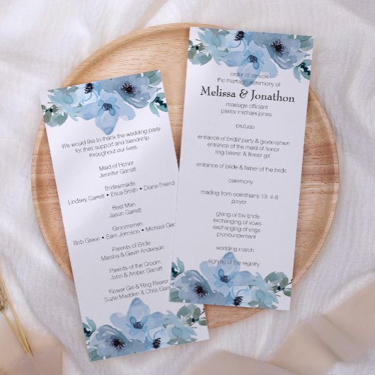 Programme de mariage floral de roses bleues pastel