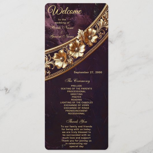 Programme de mariage floral doré orné (Devant)