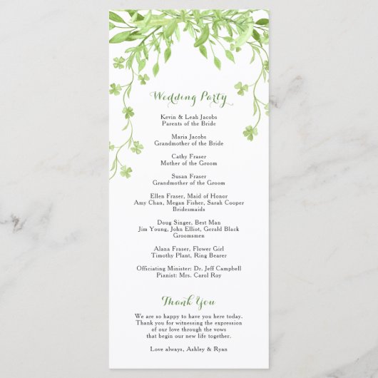 Programme de mariage floral du trèfle vert (Dos)