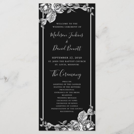 Programme de mariage floral élégant noir et blanc (Devant)