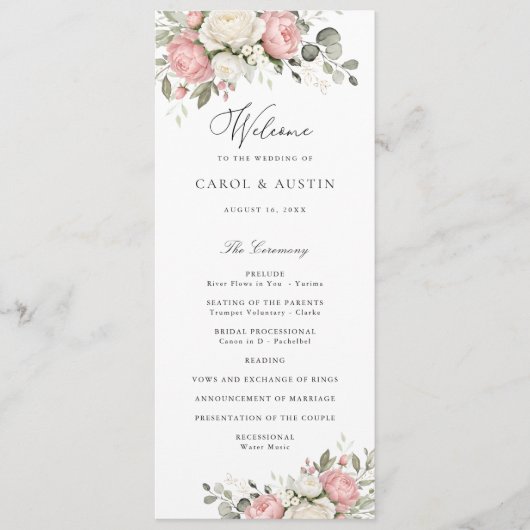 Programme de mariage floral élégant rose blush et (Devant)