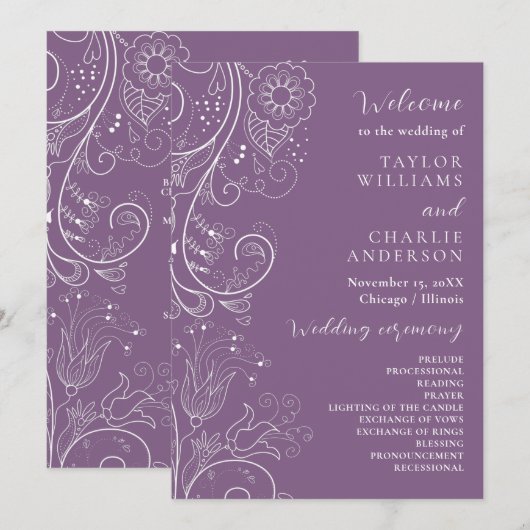 Programme de mariage floral élégant violet poussié (Devant / Derrière)