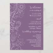 Programme de mariage floral élégant violet poussié (Devant)