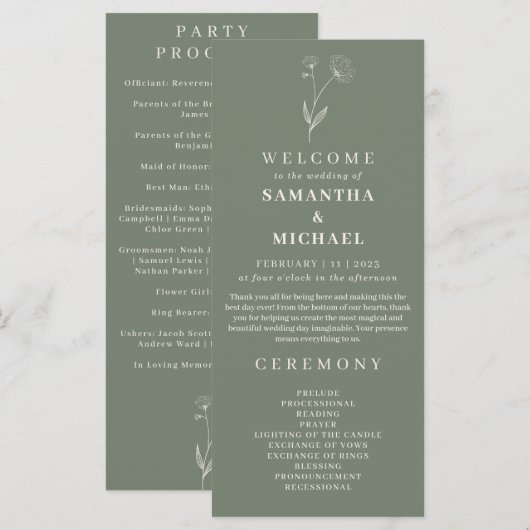 Programme de mariage floral en coton vert sauge fl (Devant / Derrière)