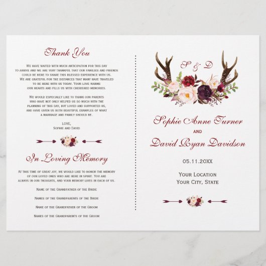 Programme de mariage floral et bois de cerf Burgun (Devant)