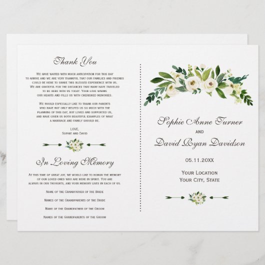 Programme de mariage floral fleuri blanc élégant (Devant / Derrière)