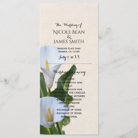 Programme de mariage floral Fleurs de calla (Devant)