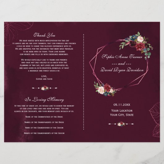 Programme de mariage floral géométrique de Bourgog (Devant)