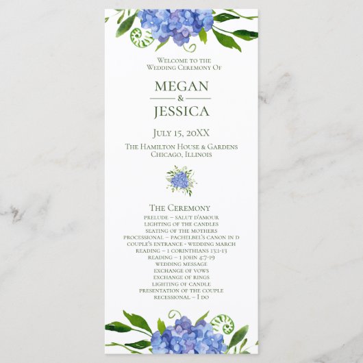 Programme de mariage floral Hydrangeas Bleues LGBT (Devant)