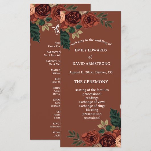 Programme de mariage floral jardin romantique Brun (Devant / Derrière)