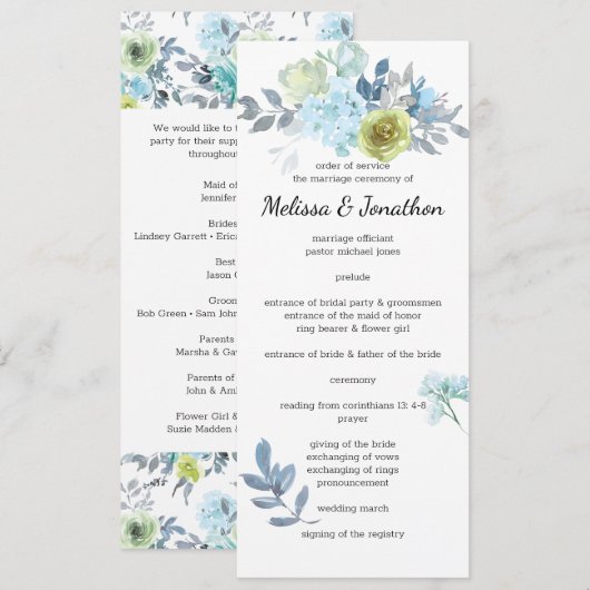 Programme de mariage floral jaune bleu clair vert (Devant / Derrière)