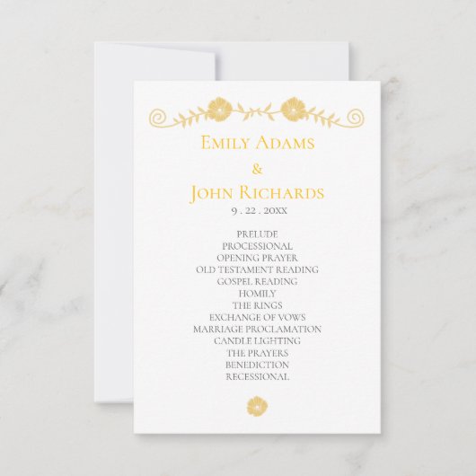 Programme de mariage floral jaune doré et blanc (Devant)