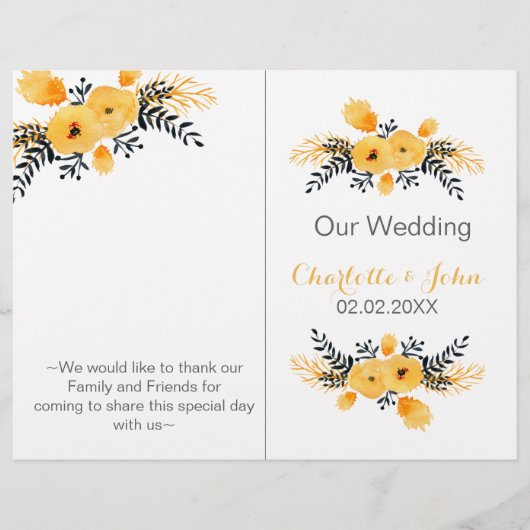 programme de mariage floral jaune gris aquarelle (Devant)
