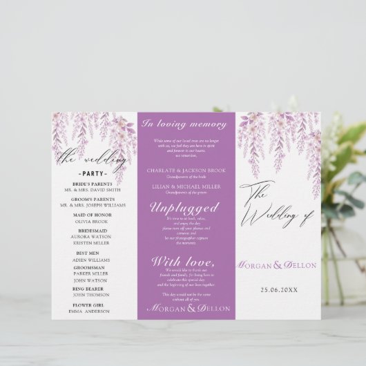 Programme de mariage floral lavande rose pâle élég (Debout devant)