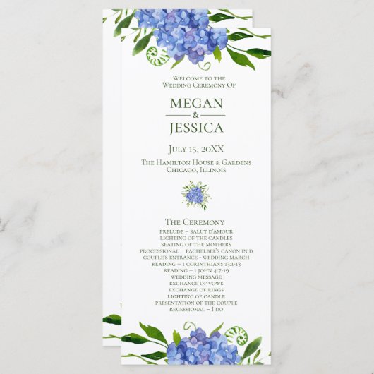 Programme de mariage floral LGBTQ Blue Hydrangeas (Devant / Derrière)