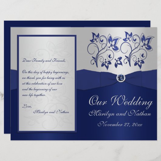 Programme de mariage floral Marine et Argent (Devant / Derrière)