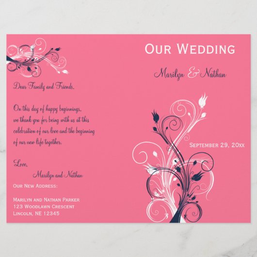 Programme de mariage floral Marine, Rose et Blanc (Devant)