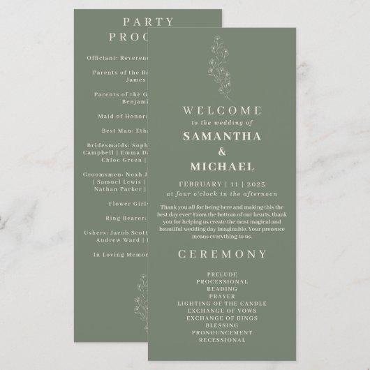 Programme de mariage floral miniature fleur vert s (Devant / Derrière)