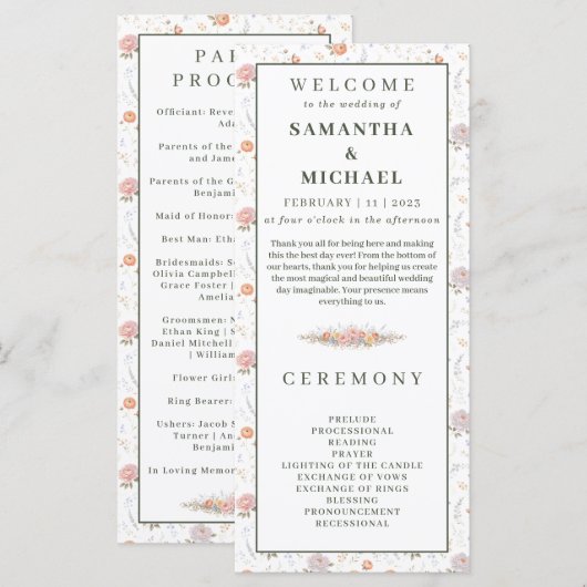 Programme de mariage floral minuscule Fleurs paste (Devant / Derrière)