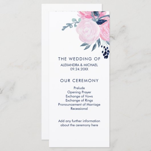 Programme de mariage floral moderne Blush Pink et  (Devant / Derrière)