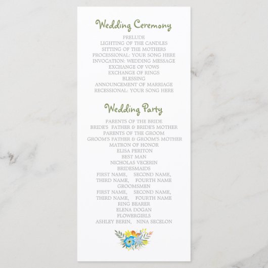 Programme de mariage floral moderne fleurs bleues (Dos)