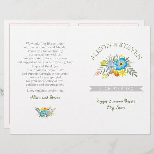 Programme de mariage floral moderne fleurs bleues (Devant / Derrière)